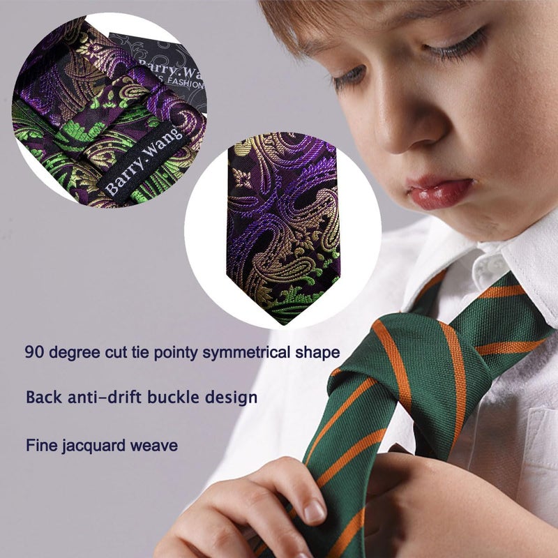 Barry.Wang Store Boy's Necktie Regular Silk Woven Stripe Solid Tie Pocket Square - Image 3